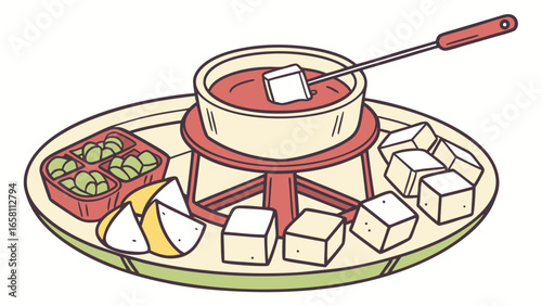 Illustrated fondue set with tofu cubes, green olives, and lemon wedges on a plate for dipping fun and delicious dining