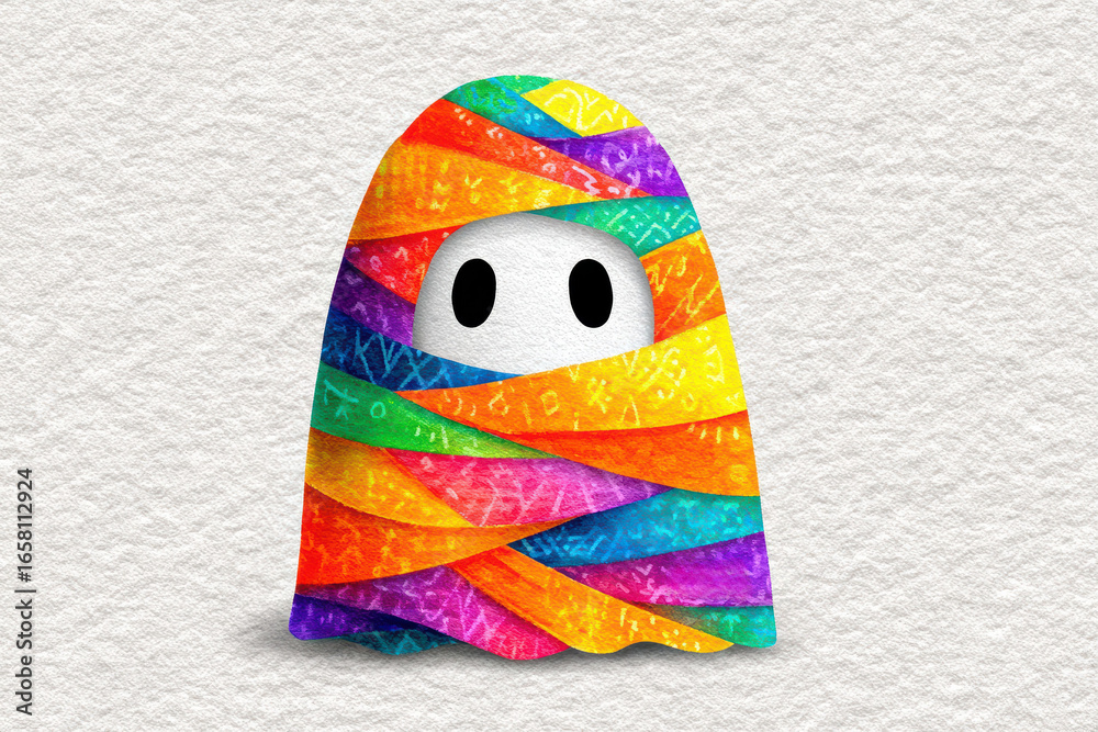 Obraz premium A small mummy wrapped in bright fabric appears as a funny monster for a cheerful halloween theme.
