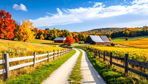 A winding dirt road leads through a vibrant autumn landscape, past rustic barns and fields of golden crops