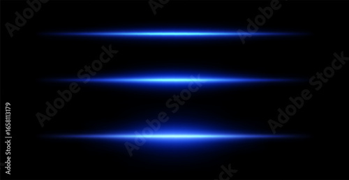 Neon line light. Straight blue beam with flare effect on black background. Vector glow of led laser stripe.