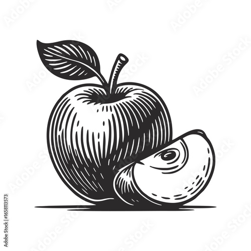 Black and white illustration of an apple