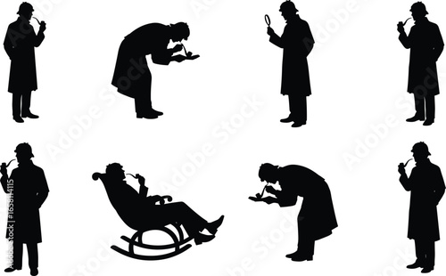 Detective silhouette in classic poses, pipe smoking, magnifying glass, investigation, mystery, vintage coat, hat, Sherlock Holmes style, black isolated figure