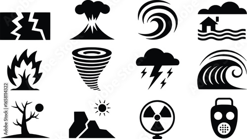Collection of natural disaster and catastrophe icons in silhouette style
