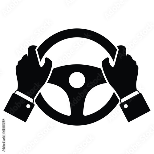 Black silhouette icon of hands holding a steering wheel isolated on white background
