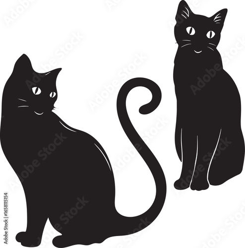 Two elegant black cats silhouettes sitting gracefully with bright eyes suggesting mystique silhouette