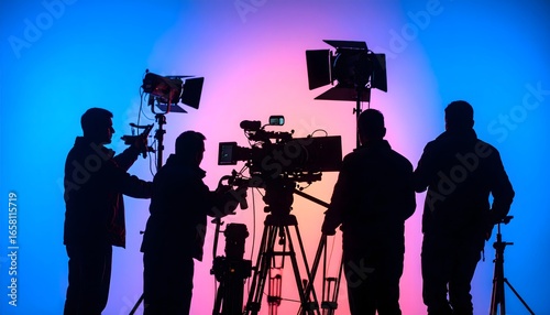Silhouettes of film crew in the studio with lighting and gradient color background AI stock photo