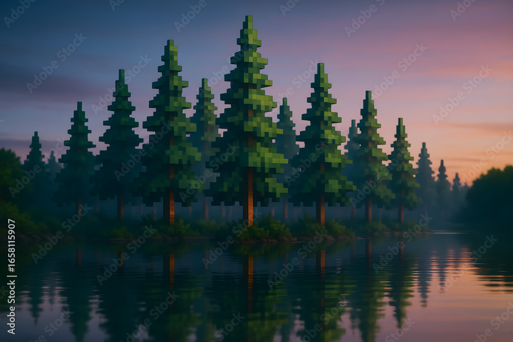 Obraz premium Pixel art pine forest reflected in calm lake at sunrise with misty atmosphere