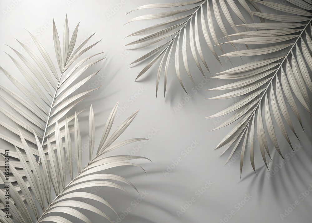 Fototapeta premium Abstract light grey space with intricate palm leaf silhouettes and subtle shadows