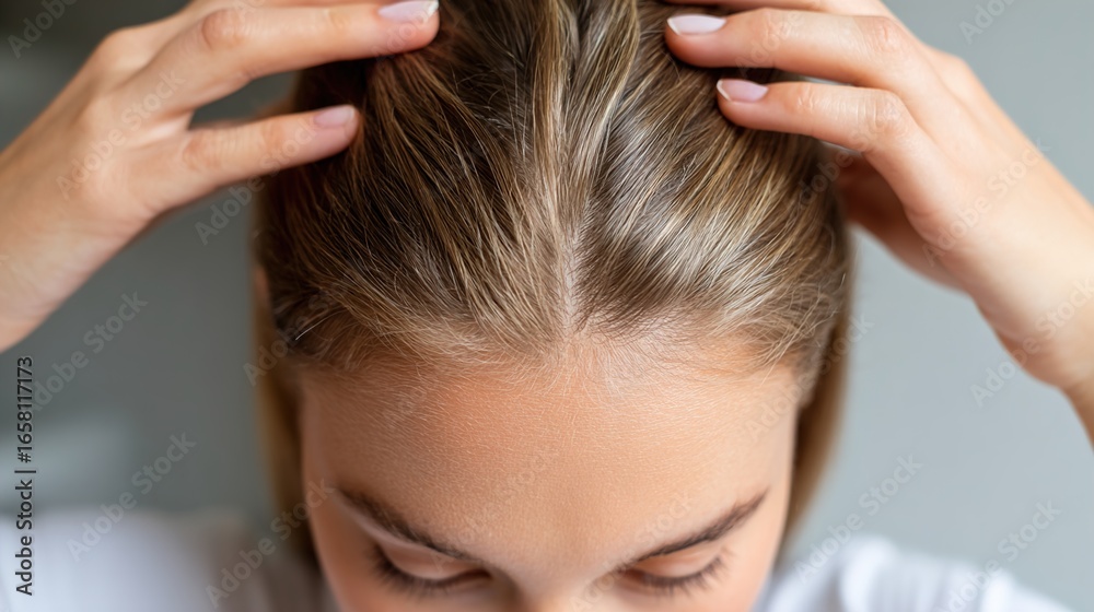 Fototapeta premium A young Caucasian woman gently touches her hair, showcasing shiny, blonde strands. Her attentive expression hints at a moment of self-care and reflection.