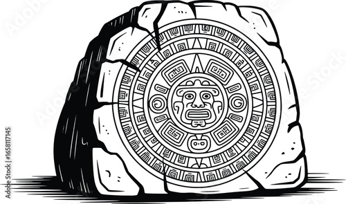 Ancient aztec sun stone calendar carving illustration