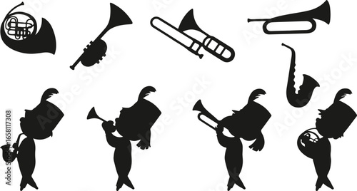 Musical instrument silhouette vector, trumpet trombone icon, brass instrument silhouette, trumpet vector design, trombone clipart silhouette, music instrument icon, orchestra brass vector, trumpet iso