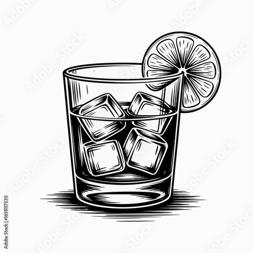 drink, beverage, lemon, ice, cubes, glass, cold, refreshment, cocktail, liquor, whiskey, soda, lime, citrus, chill, bar, alcohol, mixer, garnish, summer, vintage, classic, sketch, drawing, illustratio