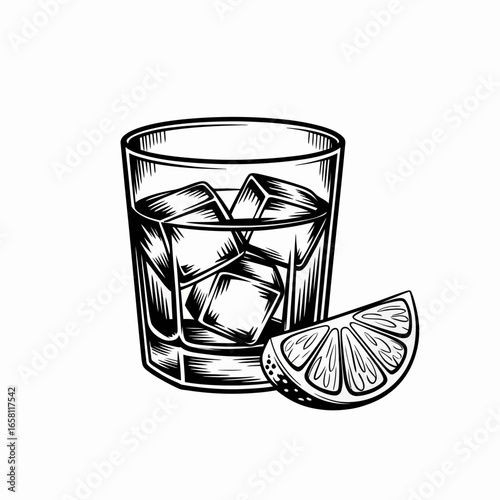 drink, beverage, lemon, ice, cubes, glass, cold, refreshment, cocktail, liquor, whiskey, soda, lime, citrus, chill, bar, alcohol, mixer, garnish, summer, vintage, classic, sketch, drawing, illustratio