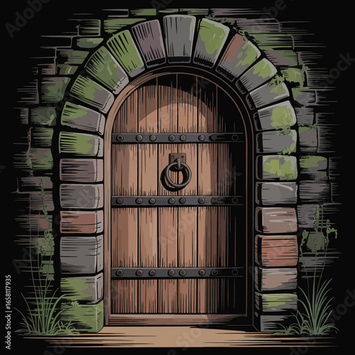 door, medieval, wooden, archway, stone, castle, entrance, vintage, old, historic, fantasy, illustration, knocker, gate, rustic, architecture, antique, fortress, dungeon, building, aged, fantasydoor, m