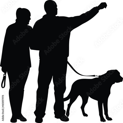Couple walking dog outdoors pointing ahead silhouette of people with pet enjoying a leisurely stroll silhouette