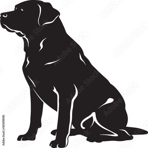 Silhouette of a black labrador retriever dog sitting patiently looking to the side with a silhouette