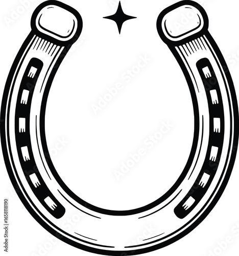 Classic horseshoe symbol with nail holes and a small cross above