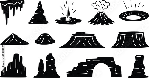 Collection of black and white silhouette illustrations of geological formations
