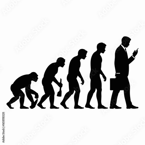 evolution, human, man, ape, progress, silhouette, timeline, history, biology, science, anthropology, walking, transformation, modern, technology, smartphone, business, suit, office, development, growt