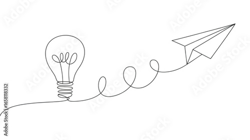 Continuous line drawing of light bulb and paper plane symbolizing innovation, creativity, startup ideas, and business growth concept