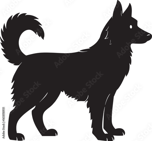 Majestic black silhouette of a german shepherd dog standing proudly isolated on white silhouette