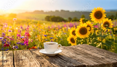 Serene morning scene featuring coffee on a rustic table amidst vibrant sunflowers