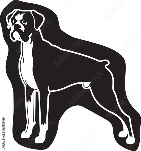 Alert boxer dog silhouette standing proudly full body against a contrasting background silhouette