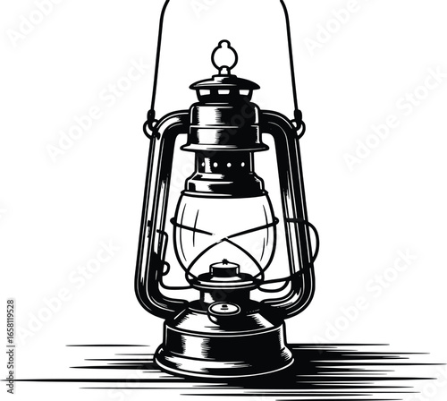Vintage kerosene lantern with a classic design in black and white illustration