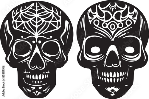 Two stylized skull illustrations with intricate designs in a black and white color scheme drawing art on transparent background silhouette