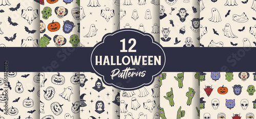 12 Halloween Seamless Patterns. Ghosts, Pumpkins, Zombies Patterns. Halloween Digital Papers. Simple Halloween backgrounds for party, packaging, textiles. Vector illustration