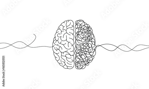 continuous line drawing of brain with structured and chaotic halves, minimalist concept of logic vs emotion, mental health, and duality