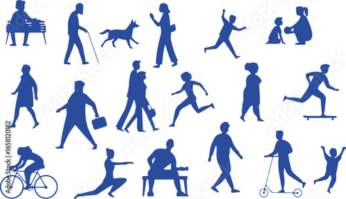People walking silhouette vector, running human icon, jogging people silhouette, man and woman vector, dog walking silhouette, fitness exercise vector, sports activity silhouette, outdoor walking icon