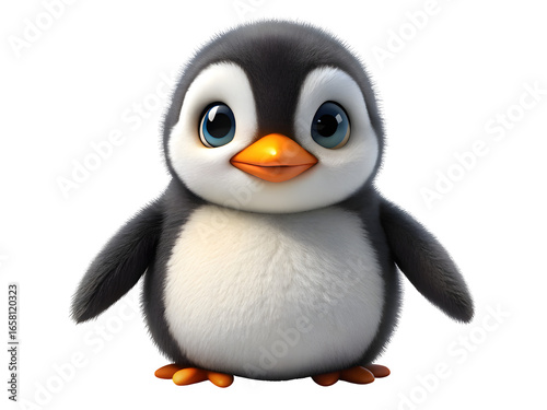 Adorable fluffy cartoon baby penguin with big eyes isolated on transparent background