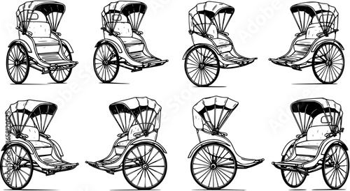Vintage black and white vector logo illustration of a traditional cycle rickshaw from Southeast Asia on a white background