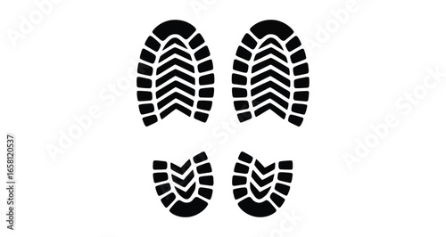 black boot and shoe print icons isolated on white background, minimal footprint symbols for hiking, walking, travel, or outdoor activity