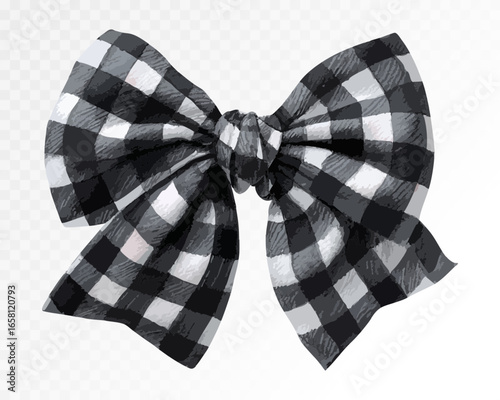 Black and white gingham check watercolor bow with rustic charm, perfect for farmhouse style, country packaging, and vintage-inspired seasonal decor. Vector illustration.