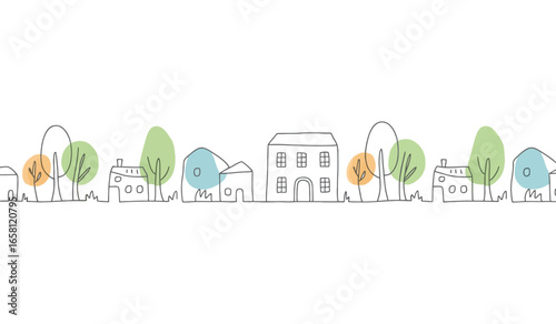 continuous line drawing of colorful suburban houses and trees, minimalist neighborhood illustration for community, lifestyle, and housing