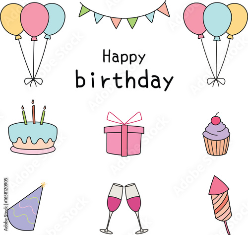 Cute birthday doodle icon illustration collection set. Vector isolated of cute party symbol like balloon, cake, confetti, in cartoon clip art style for asset, design