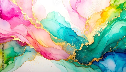 Wallpaper Mural Ethereal Abstract: Pink, Teal, and Gold Ink Flowing with Delicate Veins and Sparkling Accents Torontodigital.ca