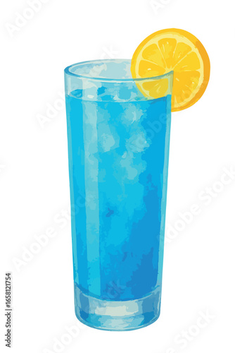 Blue Lagoon Rum cocktail watercolor illustration. Vector isolated on white background.