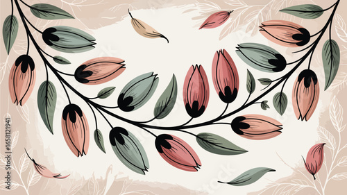Illustrated floral design with pink and green buds on branches against a beige watercolor background