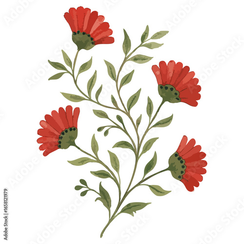 Red Floral Motif on a white transparent background- Watercolour art