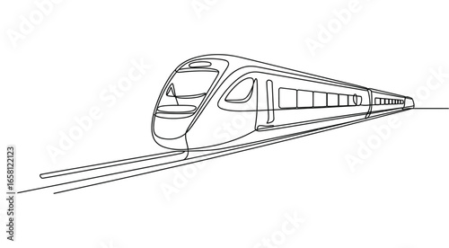 continuous line drawing of modern high-speed train on tracks, minimalist transportation illustration symbolizing travel, mobility, and progress