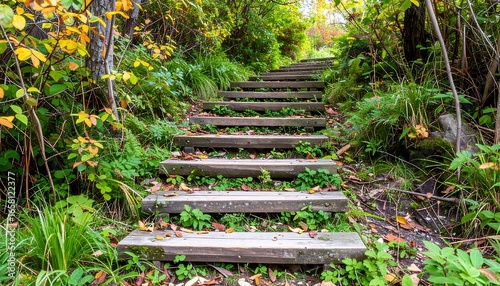 Wooden stairs winding through autumnal forest