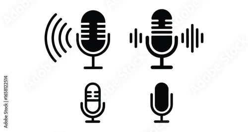set of black microphone icons with sound waves isolated on white background, minimal audio symbols for podcast, music, or broadcasting