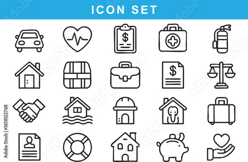 Collection of insurance and finance icons heartbeat, car, heartbeat, document, medical kit, fire extinguisher, house, bricks, briefcase, money, scales, handshake, flood, construction, piggy bank, life