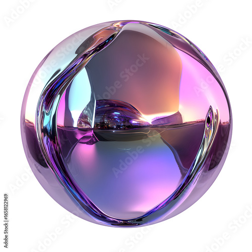 An abstract 3D sphere with a faceted chrome metallic surface and vibrant gradients, reflecting the Y2K aesthetic, rendered on a transparent background.