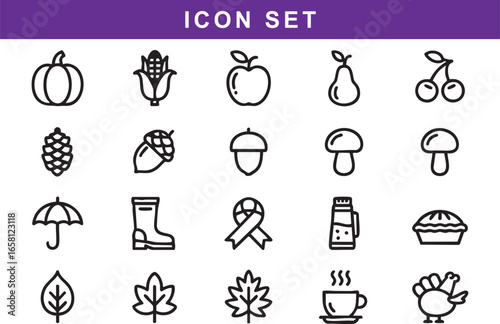 Autumn harvest and seasonal icons pumpkin corn, autumn, harvest, icons, pumpkin, corn, apple, pear, cherries, pinecone, acorn, mushroom, umbrella, boot, ribbon, thermos, pie, leaf, cup, turkey, season