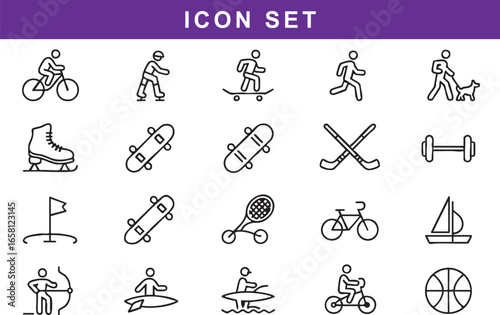 Athletic activities and sports equipment icons cycling, cycling, skating, skateboarding, running, dog walking, ice skates, skateboards, hockey sticks, dumbbells, golf flag, tennis racket, bicycle, sai
