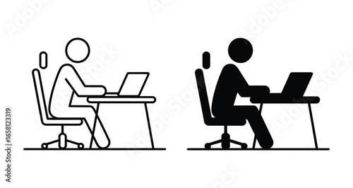 black and white icon set of person working at desk with laptop, minimal workplace symbols for office, remote work, or productivity